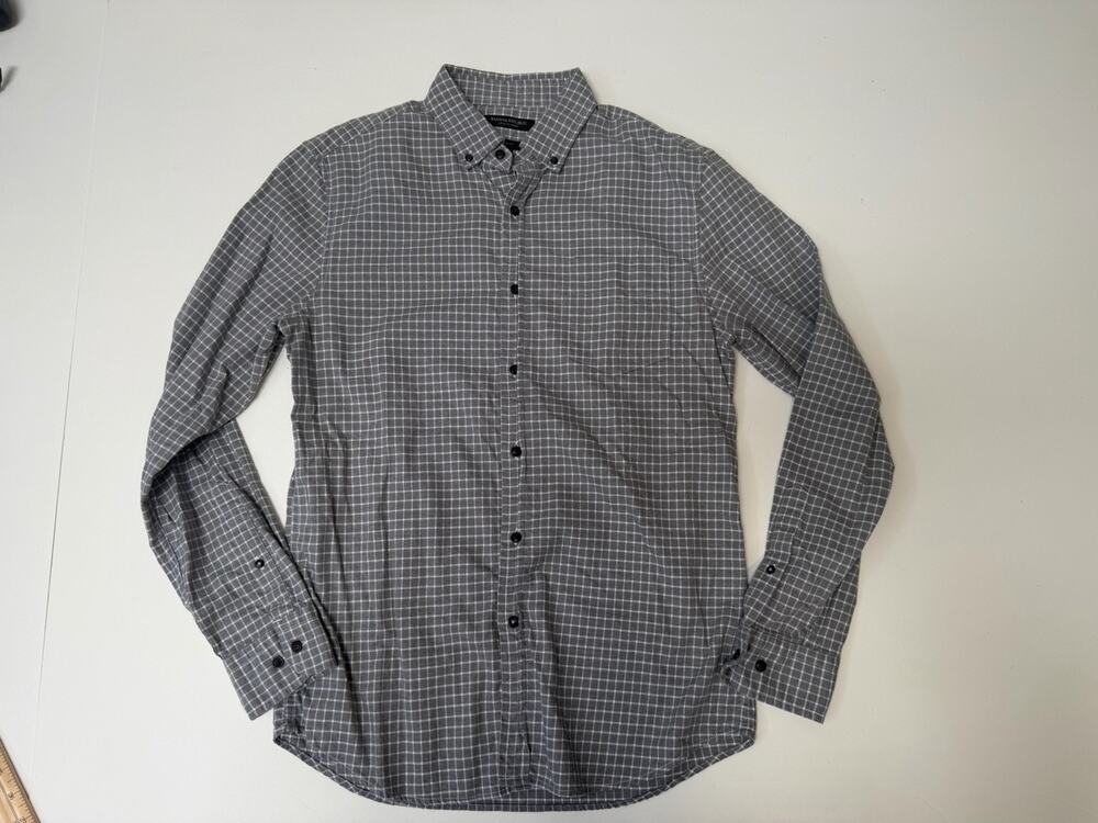 Banana Republic Luxe Slim Fit Men's Medium Button Down Gray Grid Flannel